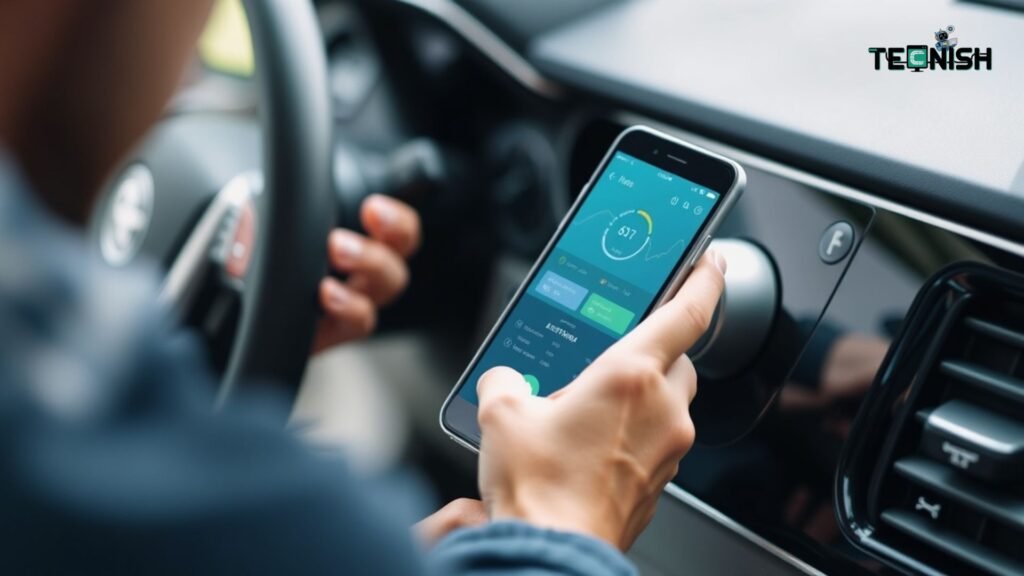 Smartphone app monitoring real-time energy usage in an AI-powered electric vehicle The Environmental Impact of AI in Transportation