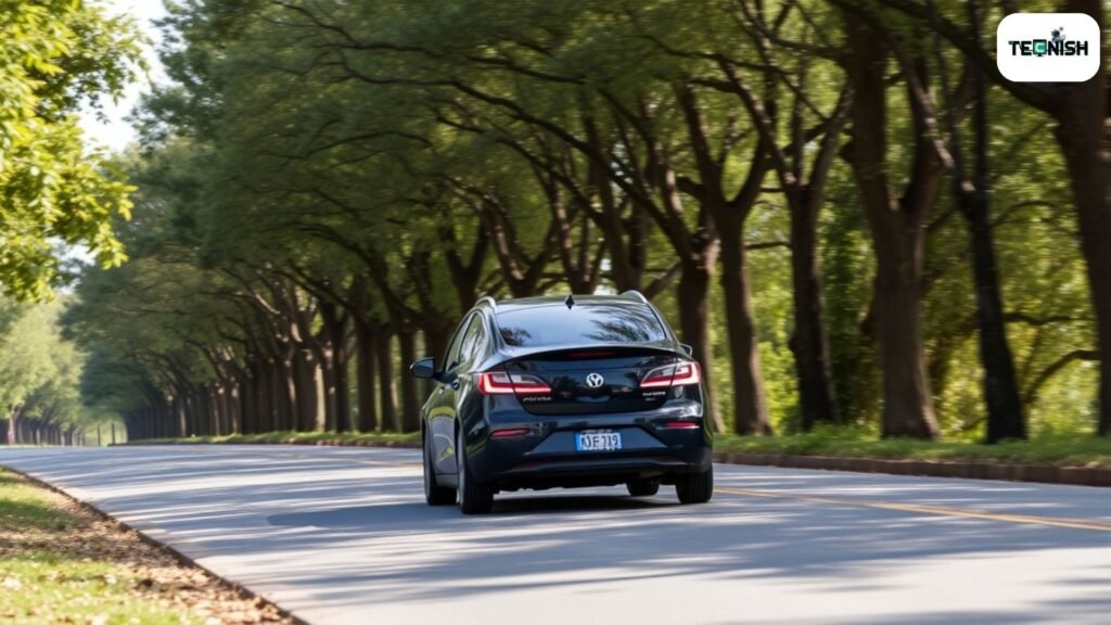 Electric vehicle cruising through a green, quiet road powered by sustainable AI efficiency Real-World Applications of AI in Electric Vehicles