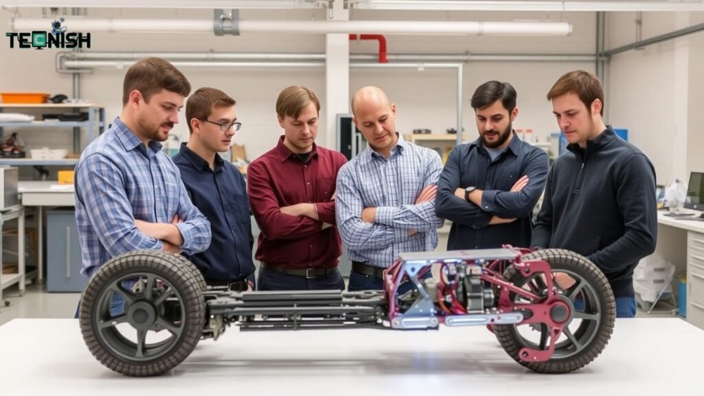 Engineers reviewing AI-optimized lightweight materials for next-gen electric vehicles Benefits of AI for Sustainability in Automotive Manufacturing