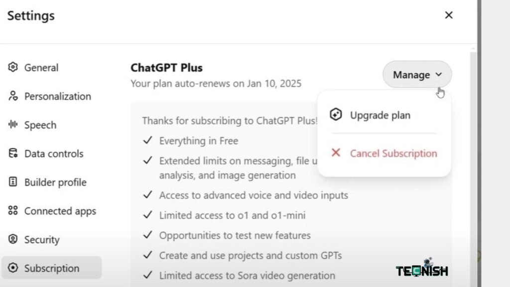 ChatGPT Subscription cancel setting.